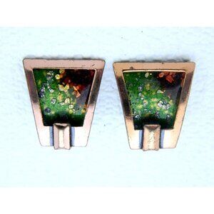 VTG RARE MATISSE Renoir Copper Green Red Enamel Shield Shape Clip Earrings